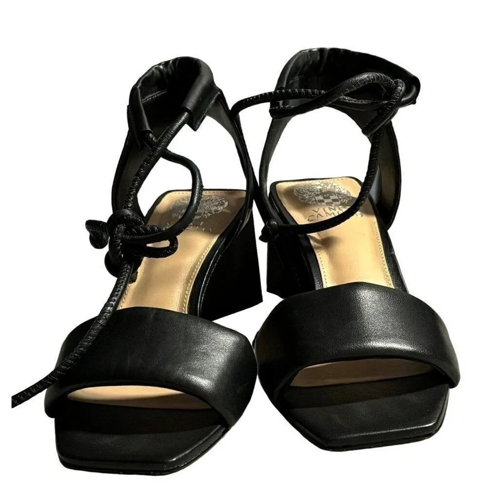VInce Camuto Vernisa, Block Heel Black Leather Stappy‎ Sandals Shoes Size 8